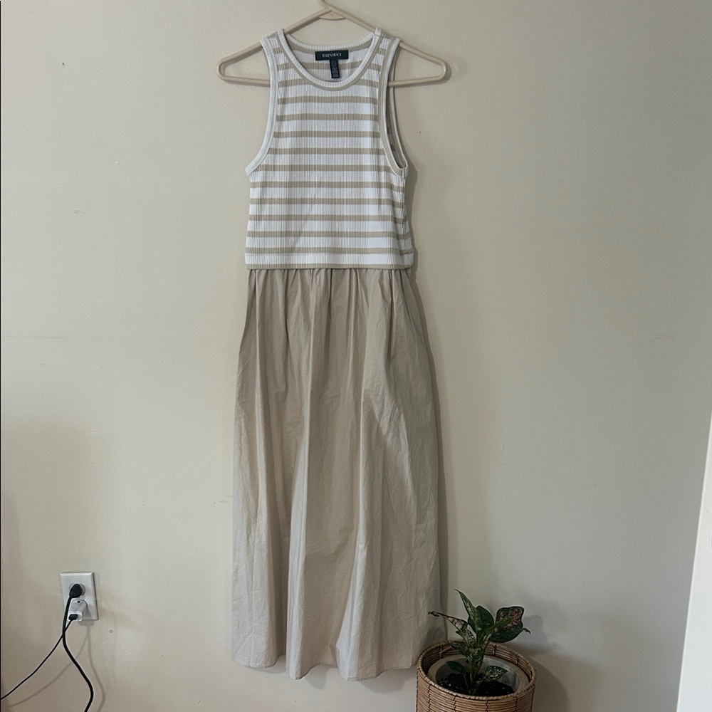 Ellen Tracy Beige and Cream Striped Midi Dress